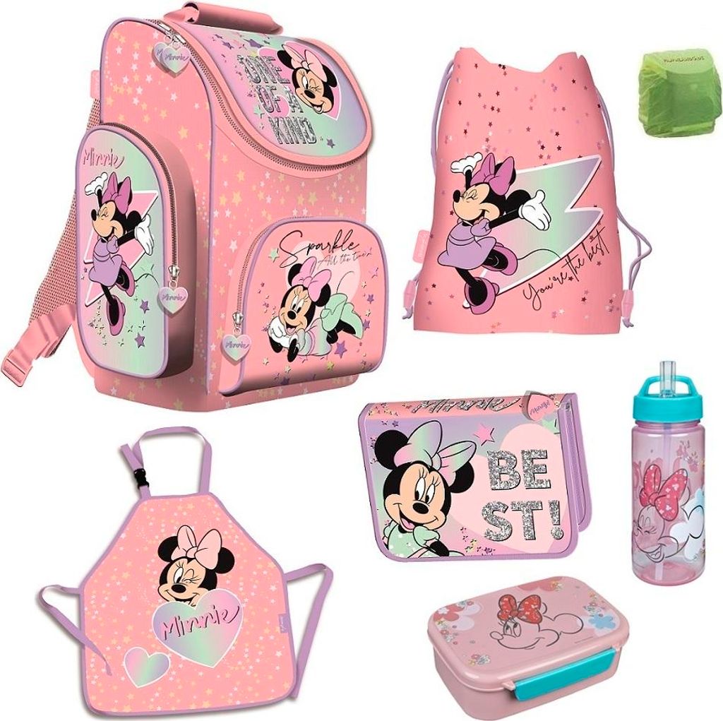 Mädchen Schulranzen 1. Klasse DISNEY MINNIE MAUS 7-teiliges Set mit Mal- / Bastelschürze