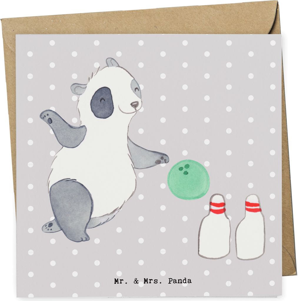 Mr. & Mrs. Panda Glückwunschkarte Panda Bowling - Grau Pastell - Geschenk, Klappkarte, Center, anlasskarte, Grußkarte, faltkarte, doppelkarte, Bo...