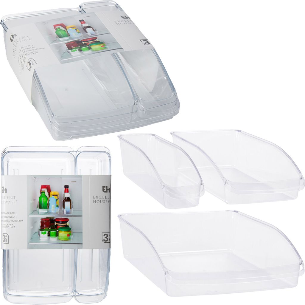 A collage of images showing clear plastic refrigerator storage containers.