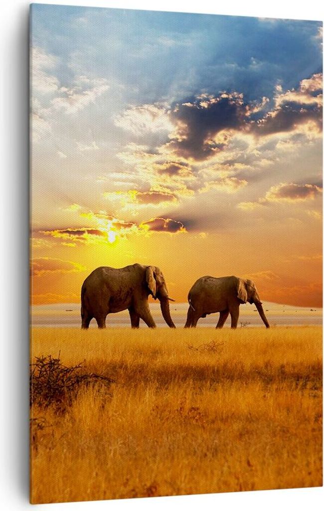 Bild auf Leinwand - Leinwandbild - Einteilig - Elefanten Safari Dschungel Busch - 80x120cm - Wand Bild - Wandbilder - Leinwanddruck - Wanddekoratio...