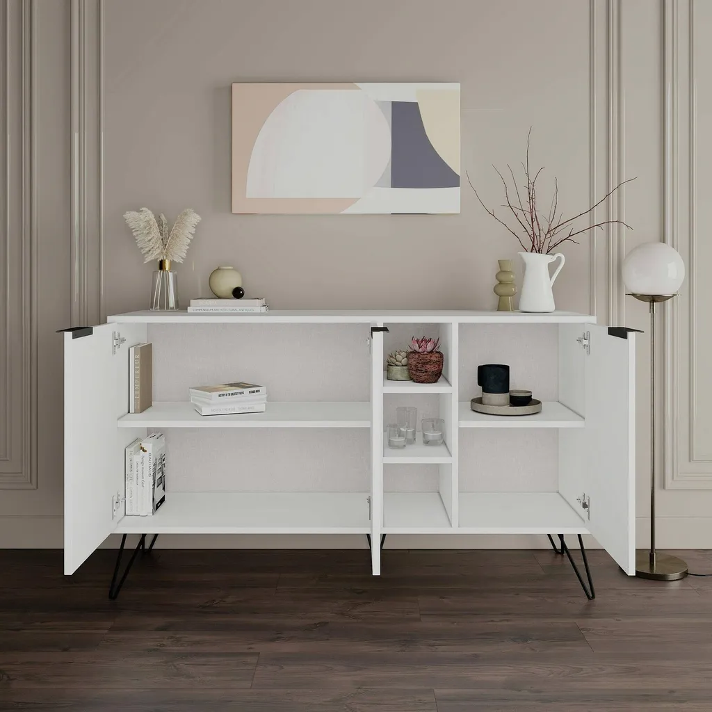 Buffet Alin 142cm Blanc avec 4 Étagères Robustes et Design Épuré