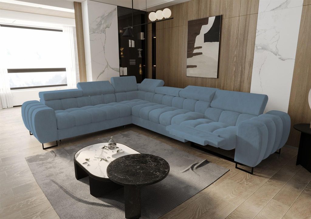 Ecksofa Schlafsofa BASTIEN RELAX in Stoff Terra Türkis Ottomane Links