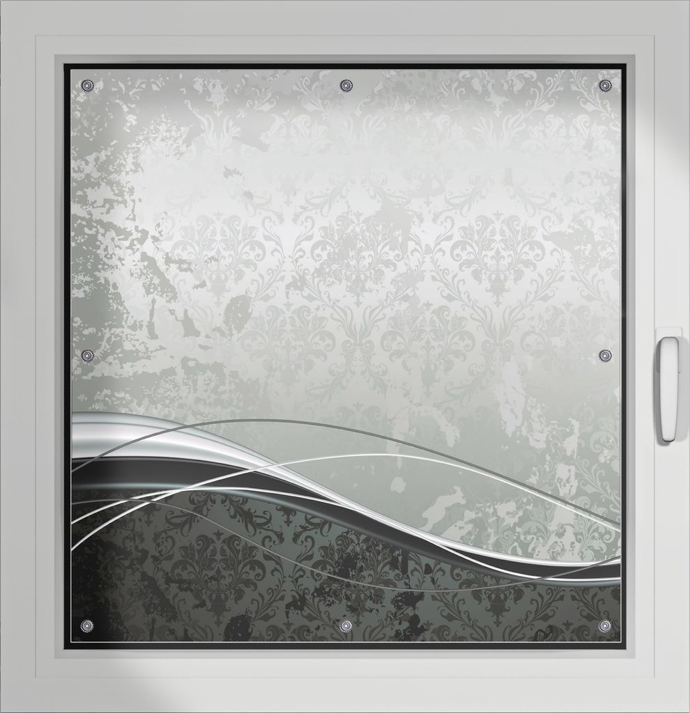 Wallario Lichtschutzbild, Dekorativer Sichtschutz Sonnenschutz 96 x 93 cm mit Motiv: Grau-schwarze Schnörkelei mit Wellen - Verdunklung ohne Bohren