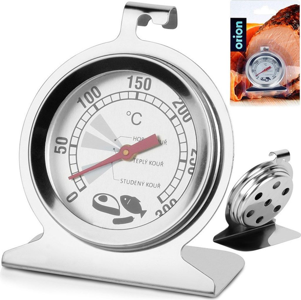 A stainless steel oven thermometer with a dial and a stand, shown with a small inset image of the product in its packaging next to a roast.