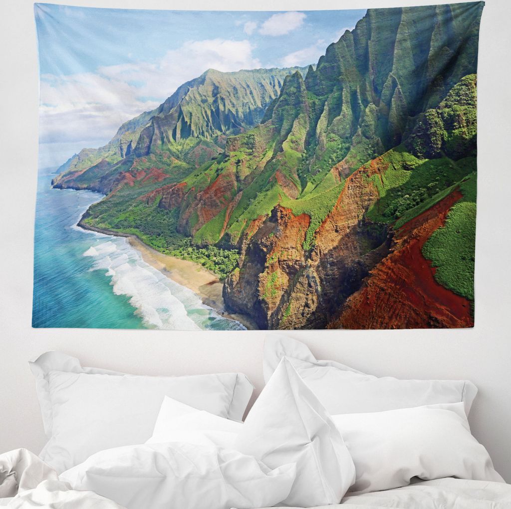 ABAKUHAUS Hawaii Wandteppich, Na Pali Coast Kauai Sea aus Weiches Mikrofaser Stoff Waschbar ohne Verblassen Digitaldruck, 150 x 110 cm, Grün Redwo...