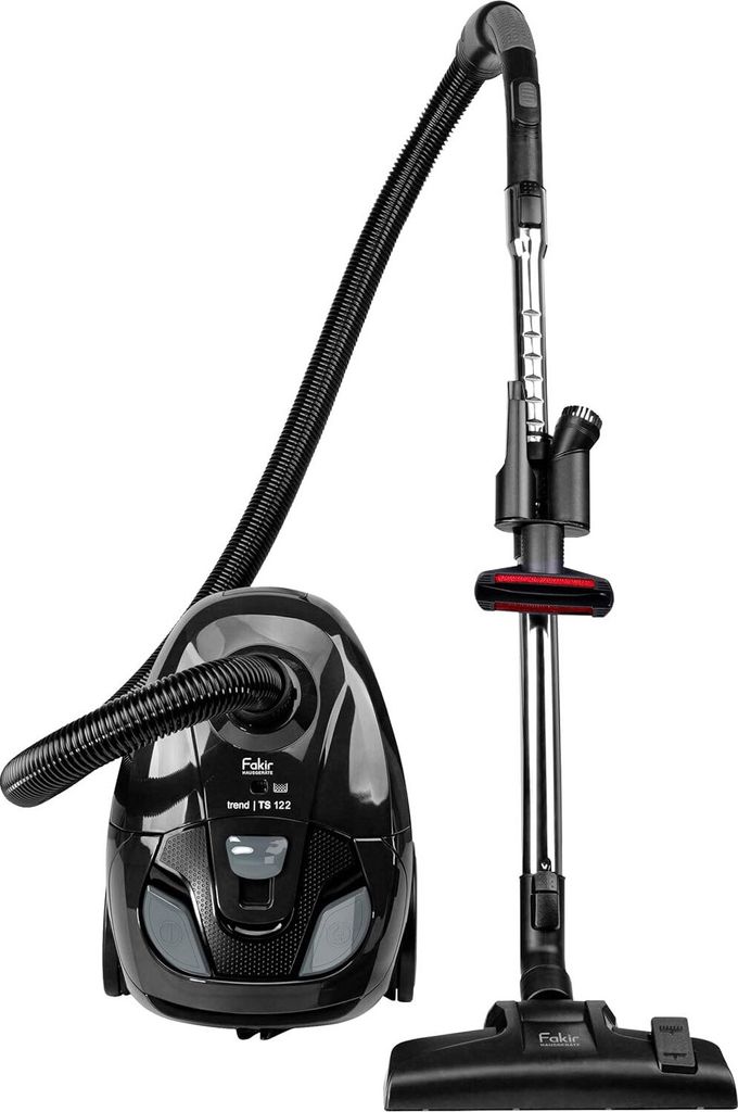 A black bagged vacuum cleaner with a hose and extension wand with a cleaning head is shown isolated on a white background.