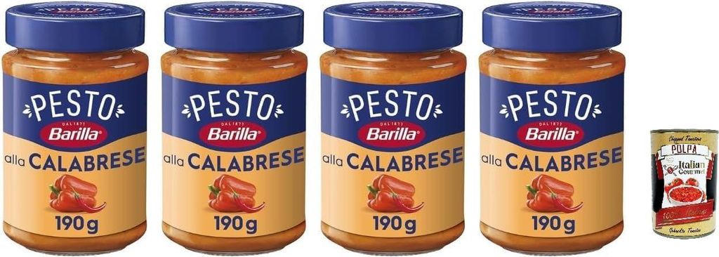 Barilla Pesto alla Calabrese, Italienische Pastasauce, 190g, 4er Pack, mit Paprika und Käse, Glutenfrei, + Italian Gourmet polpa 400g