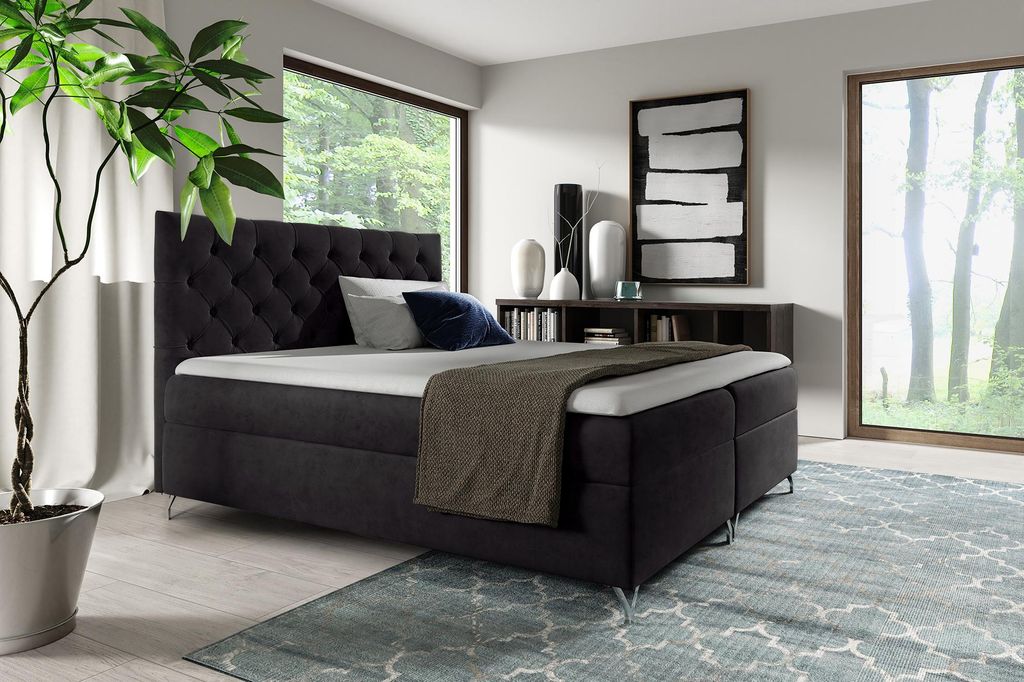 MEBLINI Boxspringbett mit Bettkasten - Gepolstert Doppelbett mit Matratze und Topper - Polsterbett mit Stauraum - Bett mit Kopfteil - Stauraumbett ...
