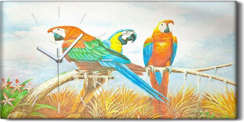 Wohnzimmer-Bild Leinwand Uhr 60x30 Malerei Zweig Tier Vögel Papagei Wolken Kunst - weiße Hände