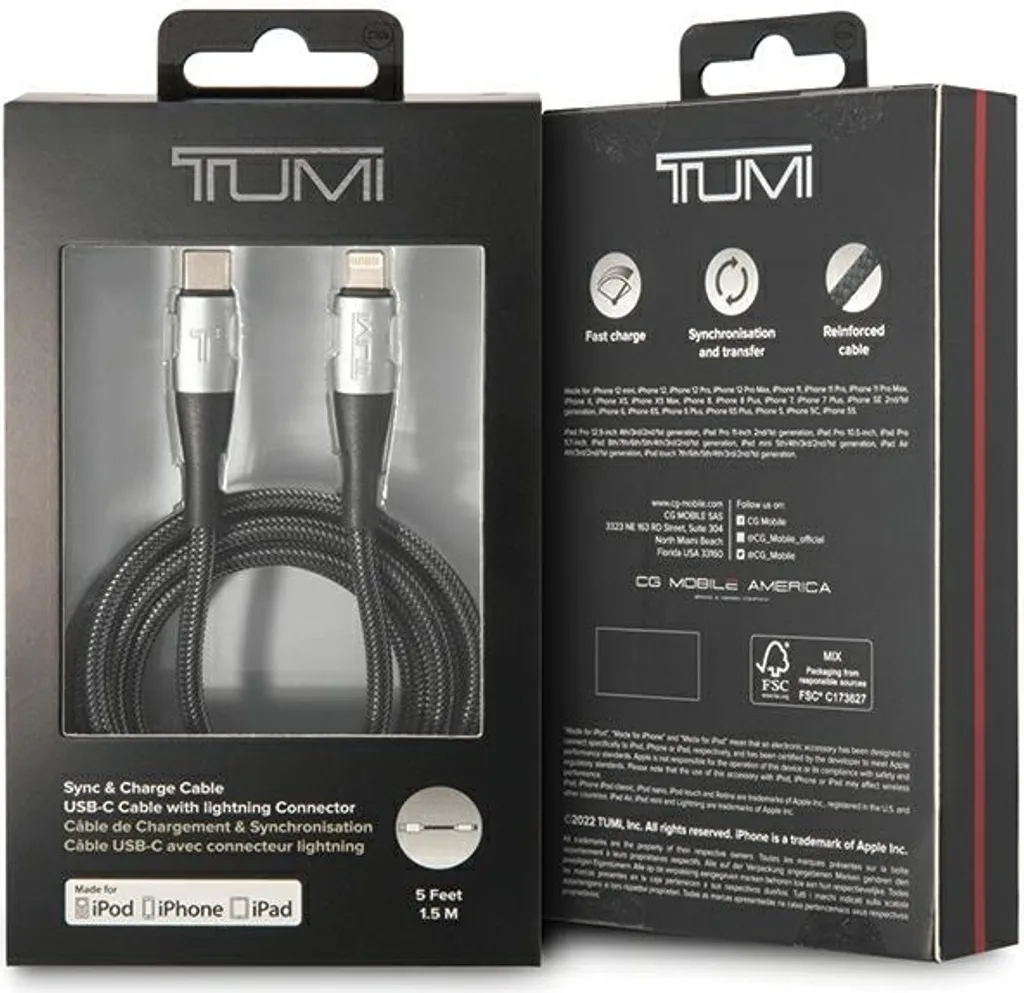 Câble USB-C vers Lightning 1.5M Tumi Noir pour Charge Rapide iPad