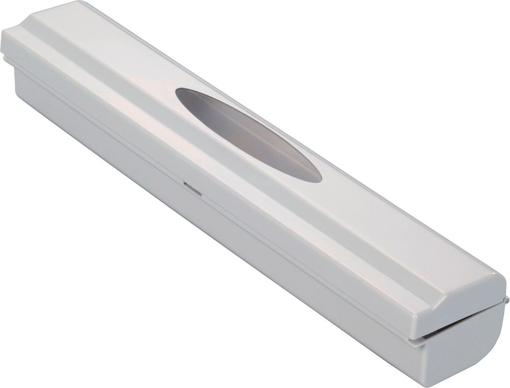 A white plastic cling film dispenser is shown against a white background.