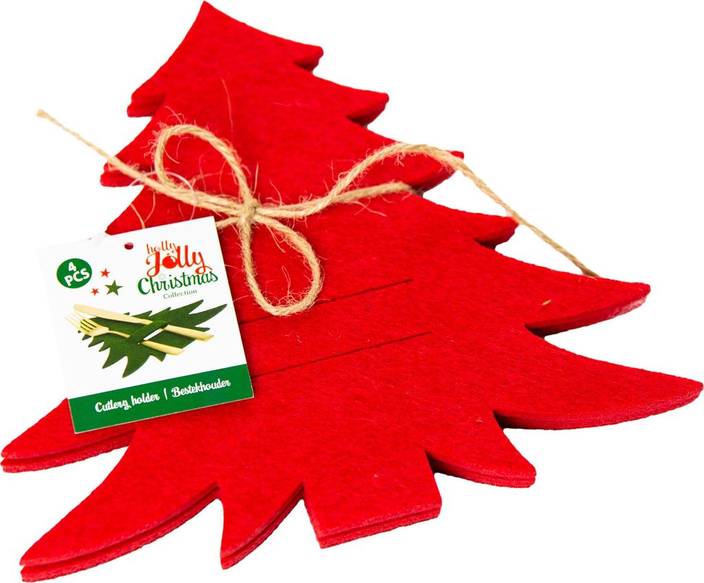 A red felt Christmas tree-shaped cutlery holder with a tag and twine.