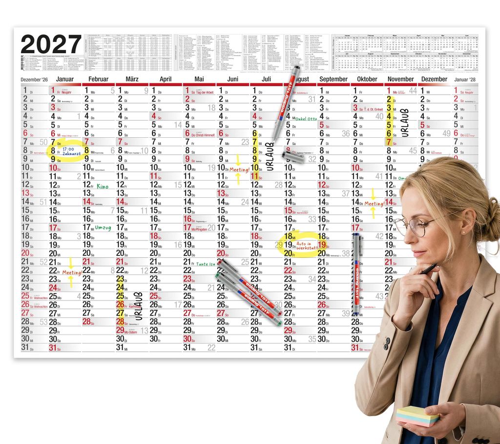 Wandkalender 2027 XXL B1 Abwischbar mit 4 Edding Stiften Produktbild 