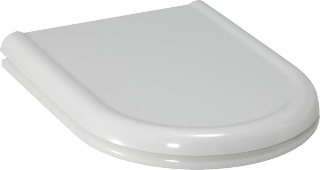 A white toilet seat lid is shown from a diagonal angle against a white background.