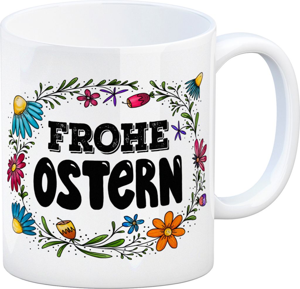 Frohe Ostern Kaffeebecher mit Blumen Motiv Osterhase Ei Produktbild 