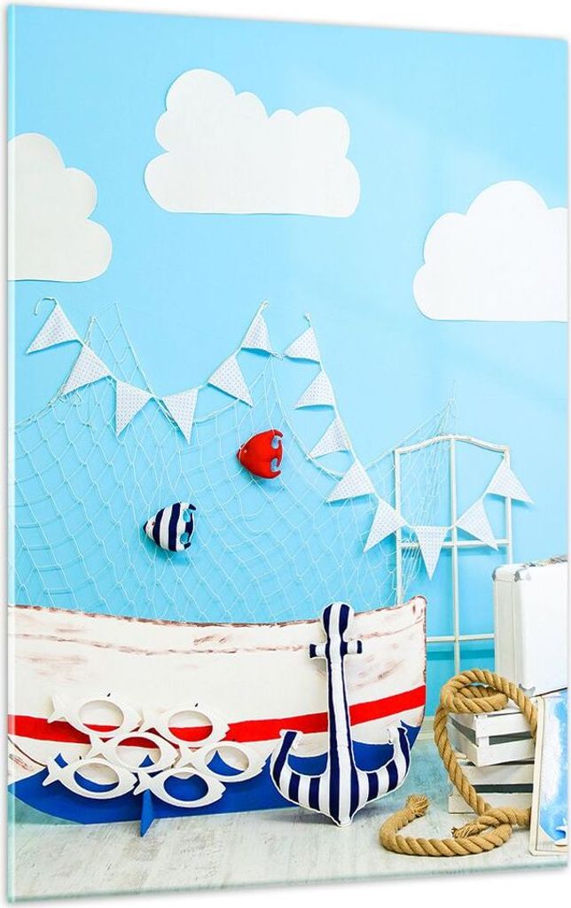 Bilder auf glas - Einteilig - Boot Anker Wolken Junge - 50x70cm - Glasbilder - Wandbilder - Bilder - zum Aufhängen bereit - Wanddekoration aus Gla...