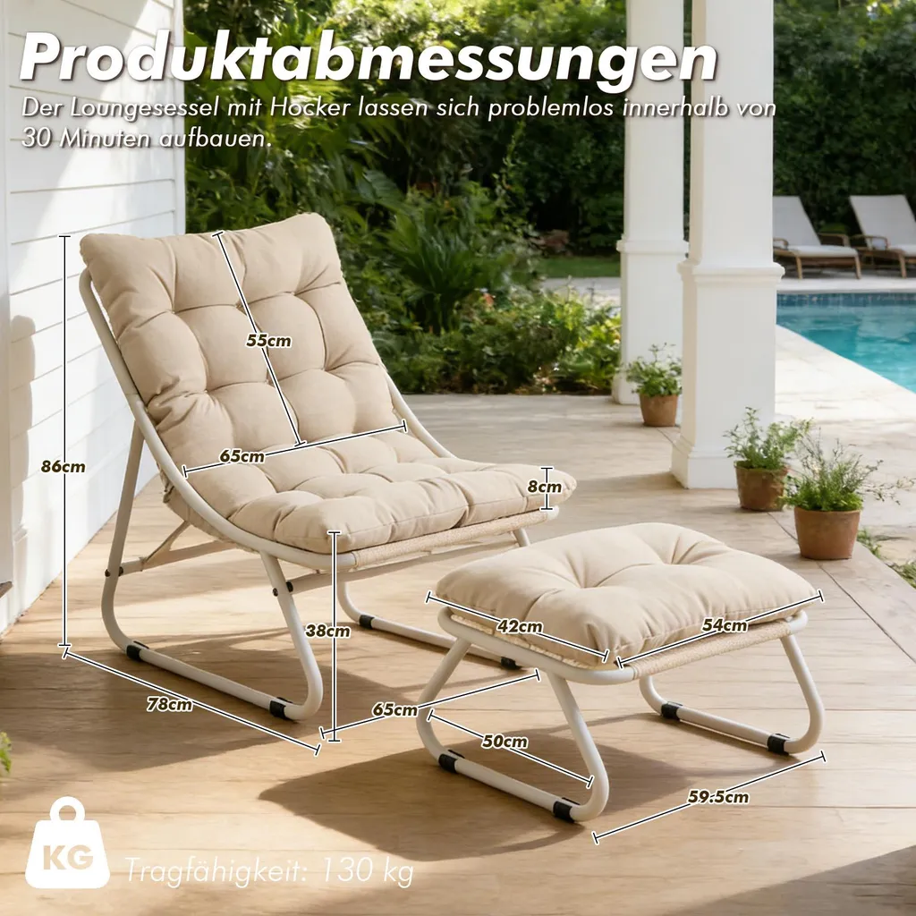 Fauteuil de salon avec pouf et structure en métal pour véranda chic