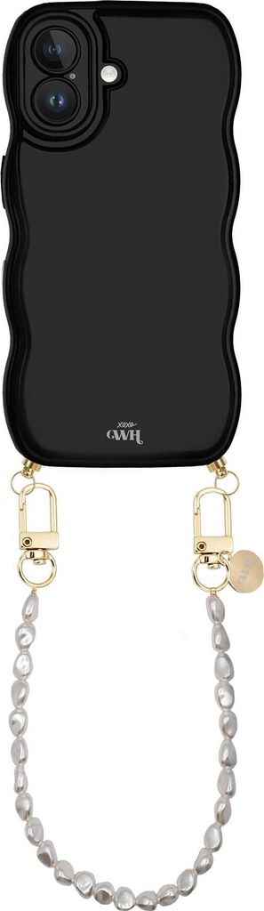 Glossy Wavy Cord Hülle Black - Pearlfection (Kurze Handykette) - Kompatibel mit iPhone 16 Plus