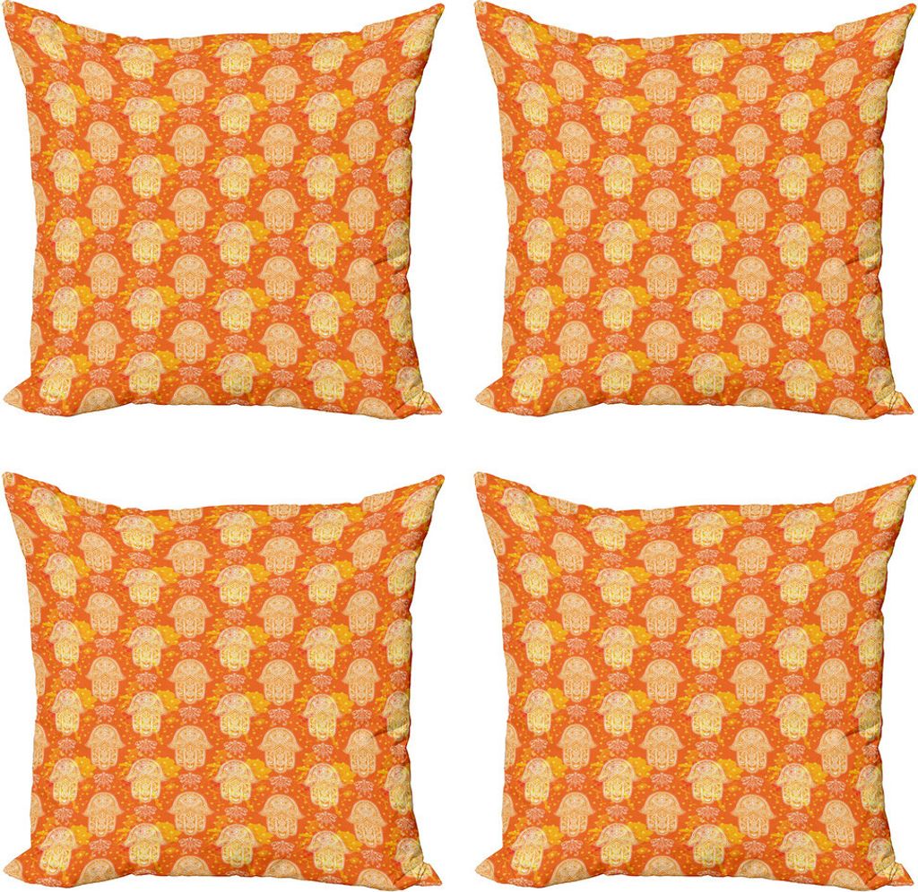 ABAKUHAUS orientalisch Kissenbezug Set (4 Stück), Volkston Hand Muster, Moderner Doppelseitiger Digitaldruck, 60 cm x 60 cm, Orange Gelb und Weiß