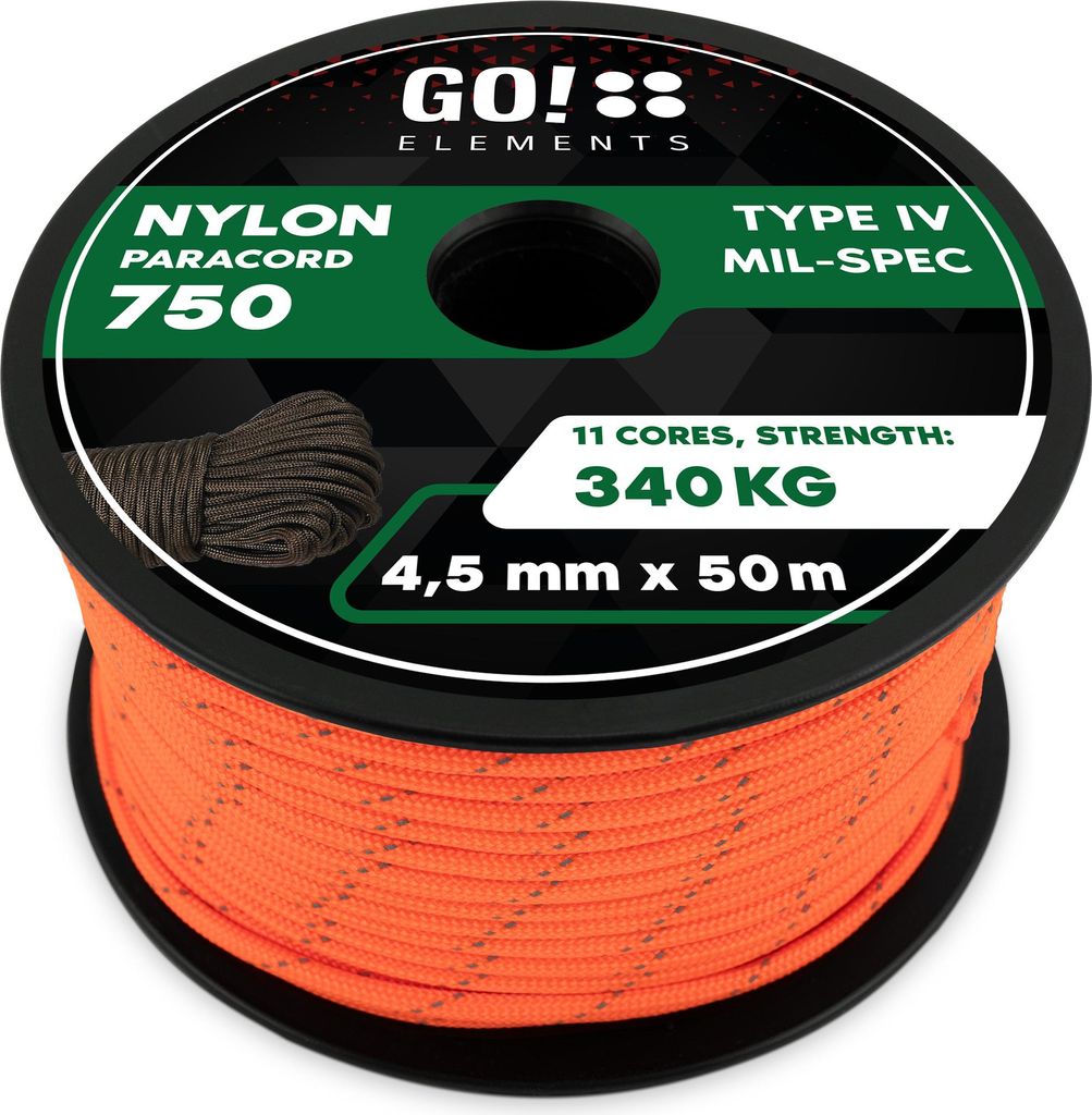 GO!elements 50m Paracord Seil aus reißfester Nylonschnur - 4,5mm Paracord 750 Typ IV Schnur - geeignet als Allzweckseil & Reepschnur - Max. 340kg,...