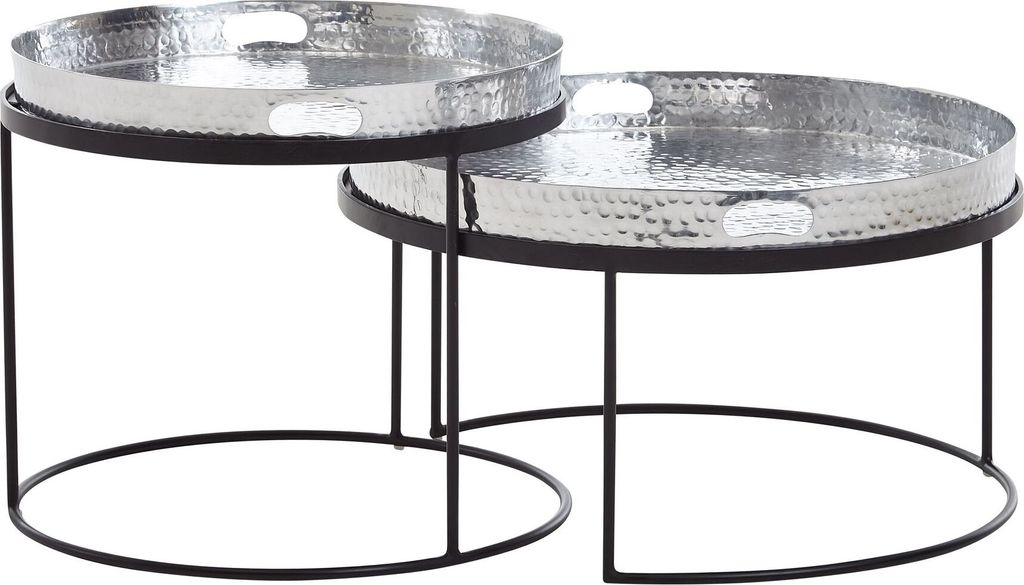 Couchtisch 2er Set Silber / Schwarz Metall Hammerschlag Satztisch Rund, Sofatisch abnehmbares Tablett, Tabletttisch Sofa 2 teilig Modern, Runder Be...