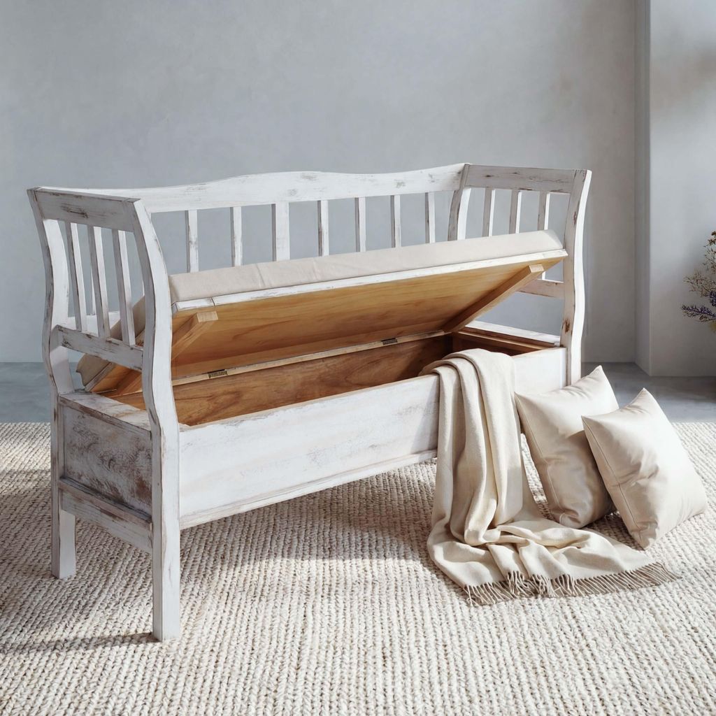 Sitzbank H207, Bank Truhenbank Holzbank Aufbewahrungstruhe, Staufach Kissen Holz 119cm weiß, shabby