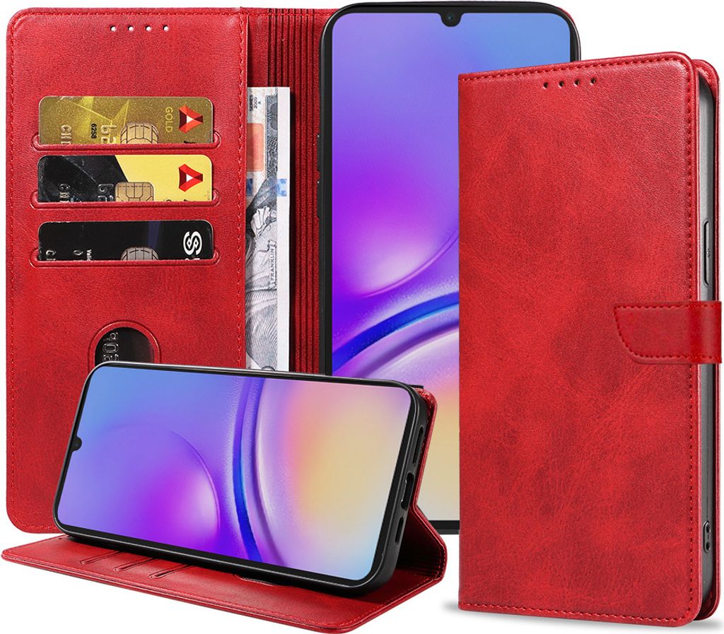 Passend für Samsung Galaxy A05 Handytasche Kunstleder mit magnetischer Lippe und Kartenhalter Buchhülle mit Klappe - Rot - Smartphonics