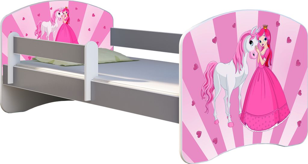ACMA Jugendbett Kinderbett Junior-Bett Komplett-Set mit Matratze Lattenrost und Rausfallschutz Grau 08 Princess 160x80