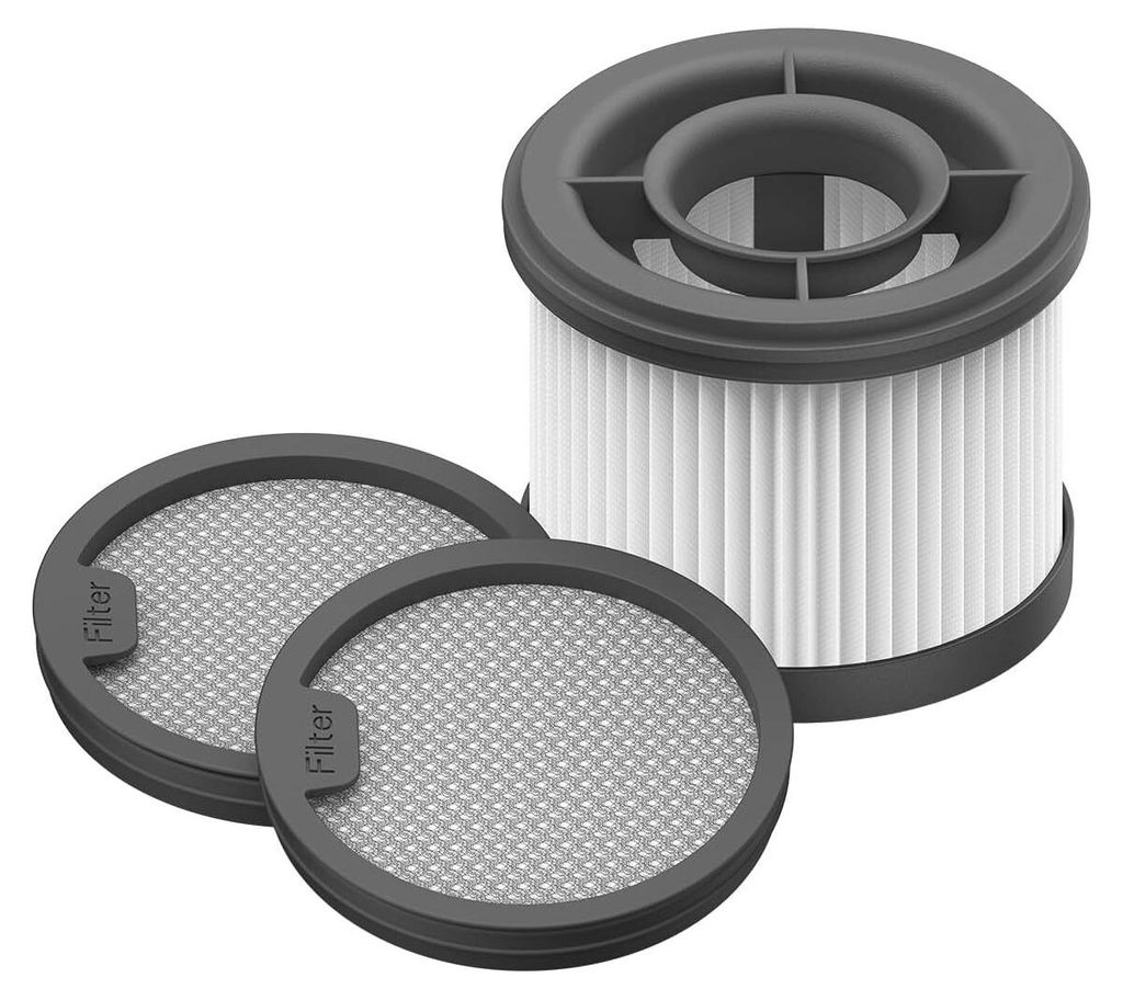 Three vacuum cleaner filters, with one larger filter in the background and two smaller filters in the foreground.