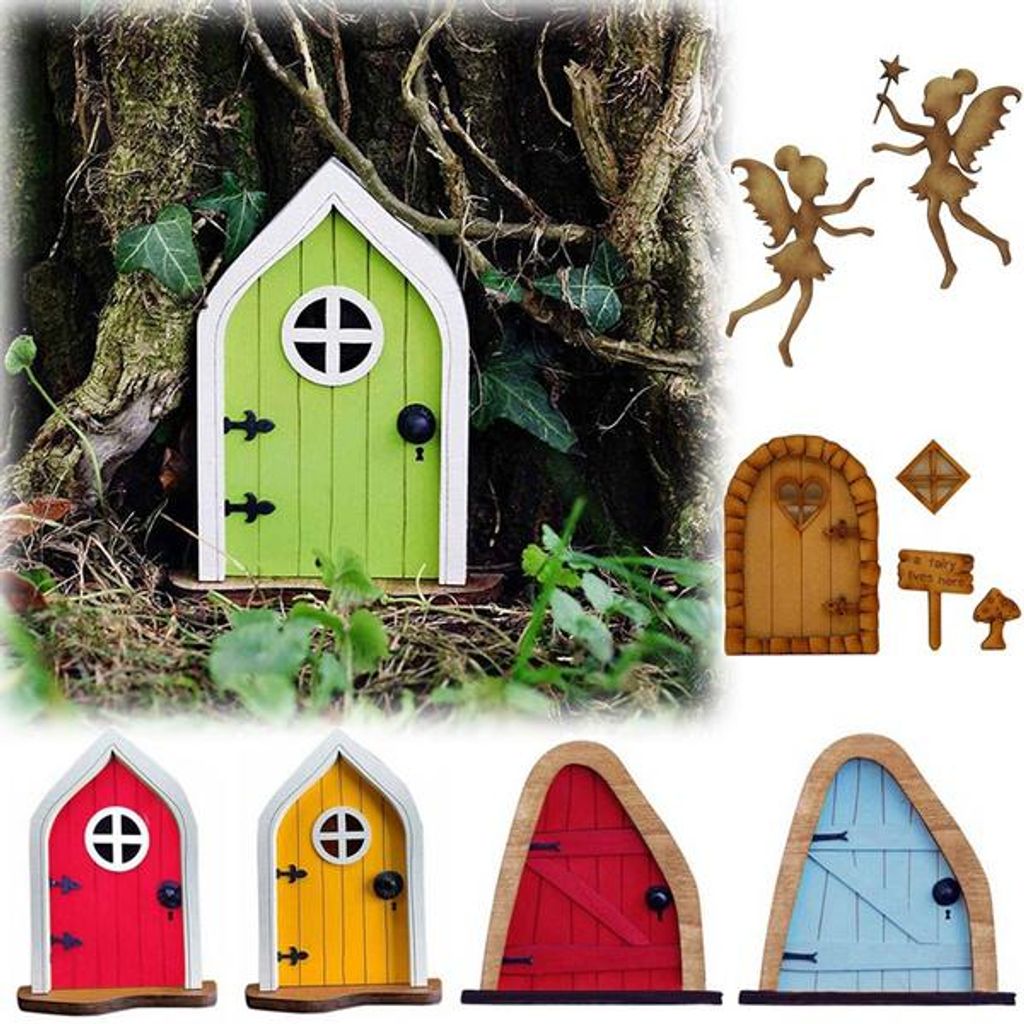 Fairy Garden Door Miniature Fairy Tree Ornament Home Door Window Sculpture Decoration Tree Garden Art Yard Sculpture 1 Stück (Oval Door-Rot)