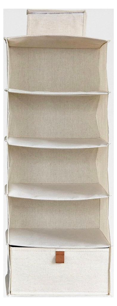 Hängeregal für den Kleiderschrank - Organizer aus Stoff mit Holzplatte - 4 Fächer und 1 Schublade - Beige - 30x30x75 cm