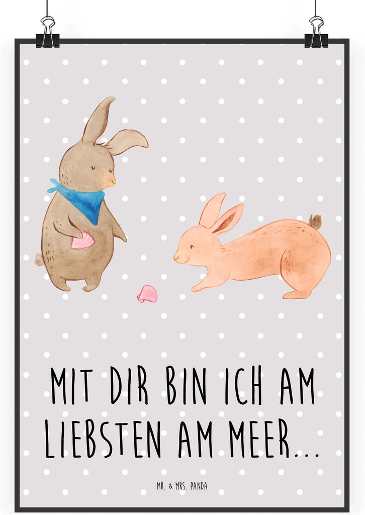 Mr. & Mrs. Panda Bild Hasen Muschel DIN A1 - Grau Pastell - Geschenk, Wandbild, Muttertag, Kunstdruck, Beste Freundin, Best Friends, wanddeko, Musc...