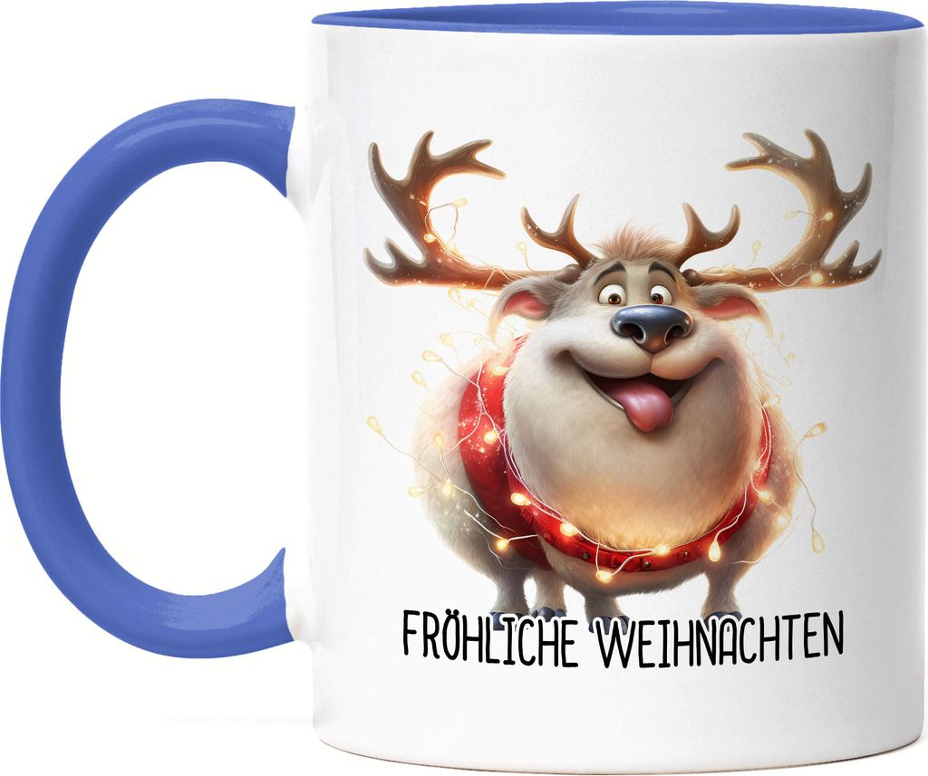 Fröhliche Weihnachten Lustiges Rentier Julklapp Geschenk Tasse Blau Lichterkette Adventsgeschenk