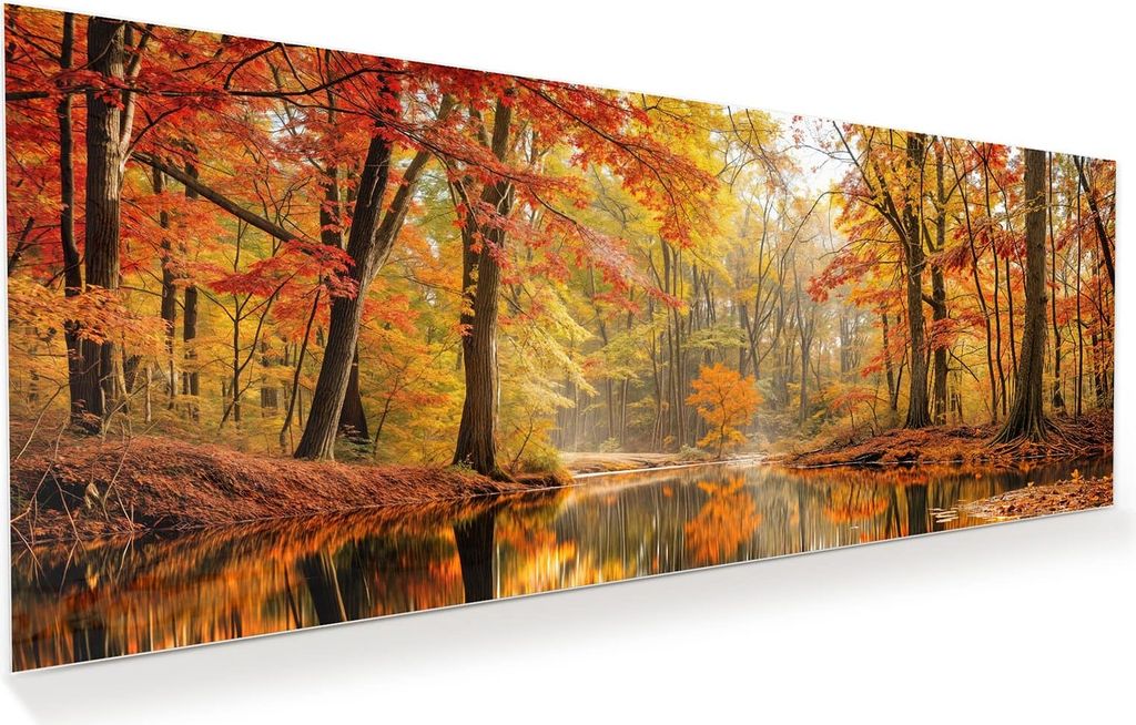 Glasbild 100x40cm in XXL für Wohnzimmer, Schlafzimmer Motiv Herbstwald am See