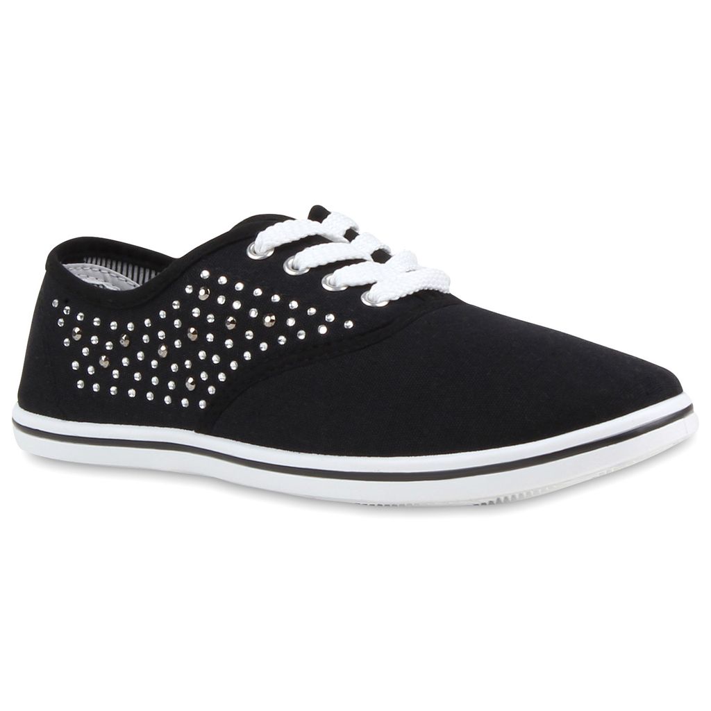 Mytrendshoe Damen Sneakers Low Strass Turnschuhe Bequeme Schnürer 96632, Farbe: Schwarz, Größe: 38