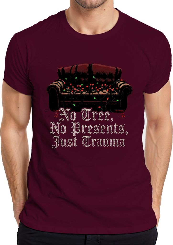 No Tree No Presents Just Trauma Weihnachten Sofa Lichterkette Herren T-Shirt, Burgundy, L