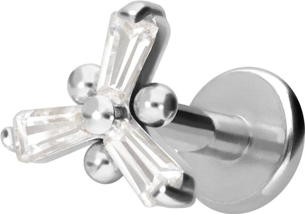 Ohrpiercing, Nasenpiercing Titan Labret mit Innengewinde KRISTALLBLUME Silber Stablänge: 6mm | Stabstärke: 1,2mm