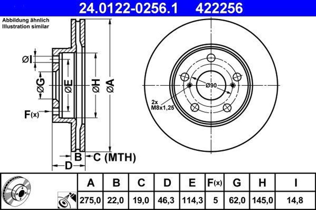 ATE 24.0122-0256.1 Bremsscheibe OE 4351212670 kompatibel mit Auris, Corolla