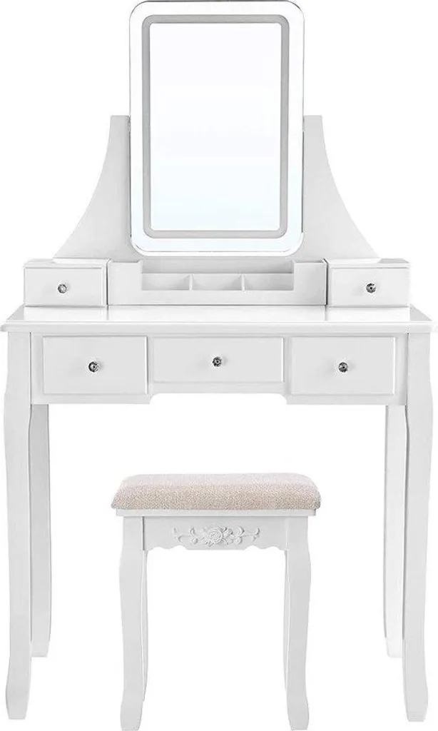Meuble Coiffeuse LED pour Chambre : Rangement 5 Tiroirs et Tabouret