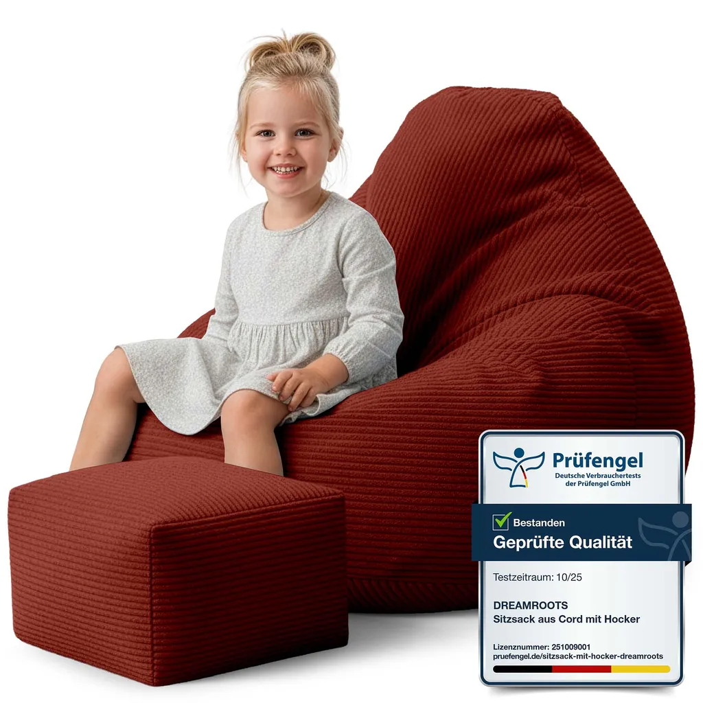 Pouf Poire Enfant avec Dossier et Repose-pieds - Coussin de Sol Rouge
