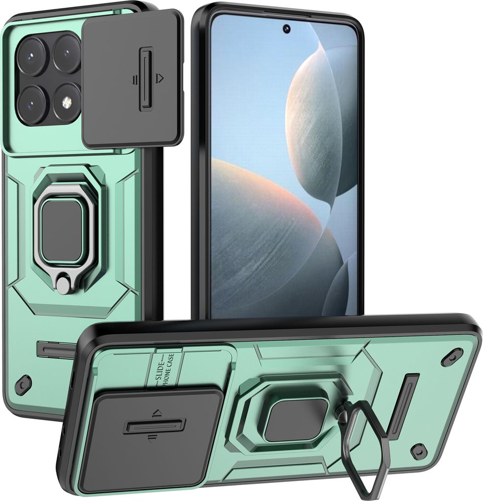Hülle für Xiaomi Poco X6 Pro/Redmi K70E Dual Layer Handyhülle Schiebe Kamera Schutz und Ringhalter Ständer Grün