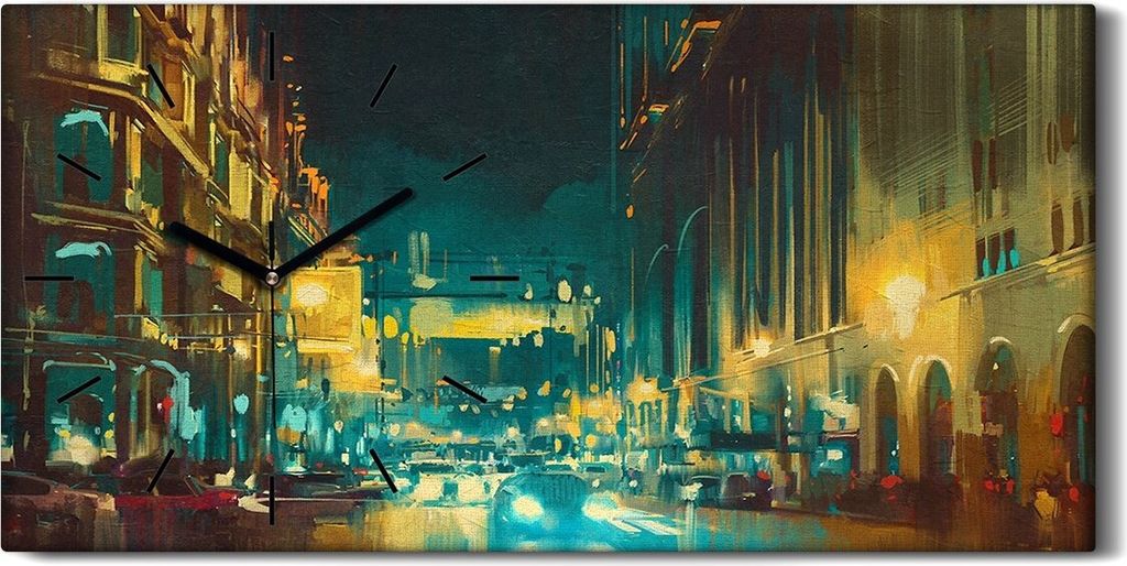 Wanduhr Leinwand Bild Uhr Kunstdruck 60x30 bunte Licht der Stadt mit Gebäuden - schwarze Hände