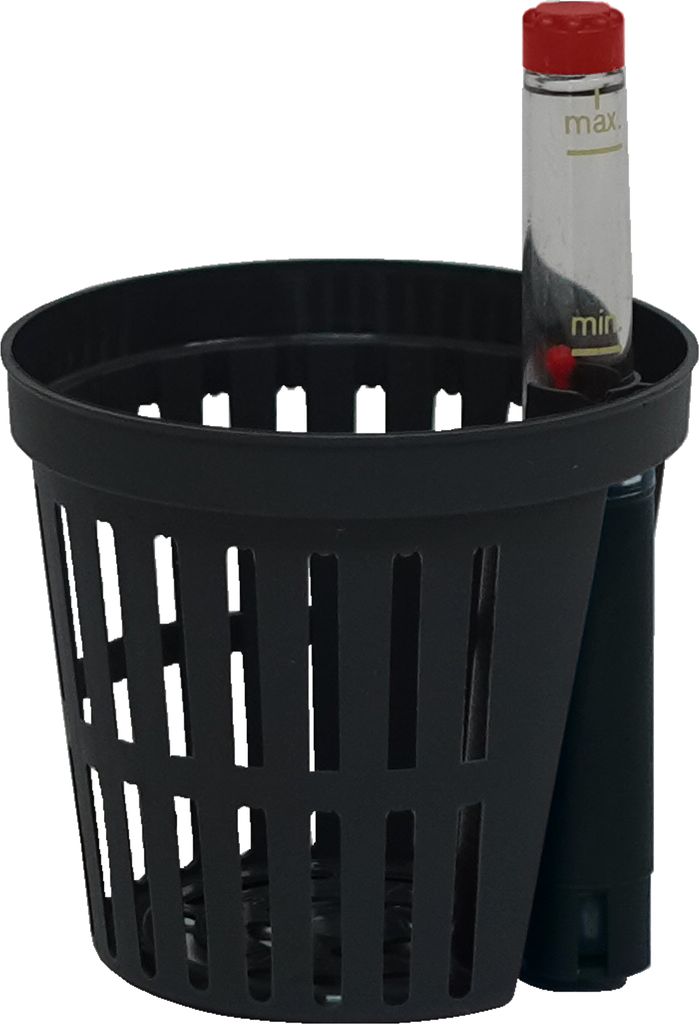 A black hydroponic pot with a water level indicator inside.