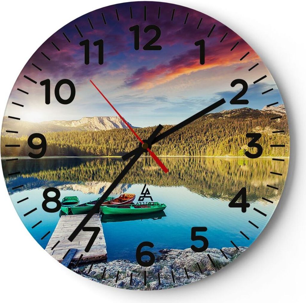 Wanduhr - Rund - Glasuhr - See Berge Wasser - 30x30cm - Produktbild 