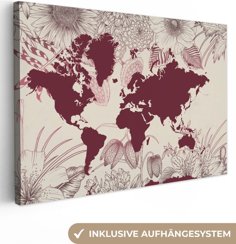 OneMillionCanvasses - Leinwandbilder - 150x100 cm, Weltkarte - Rot - Blumen, Wandbilder Kunstdruck Wanddekoration