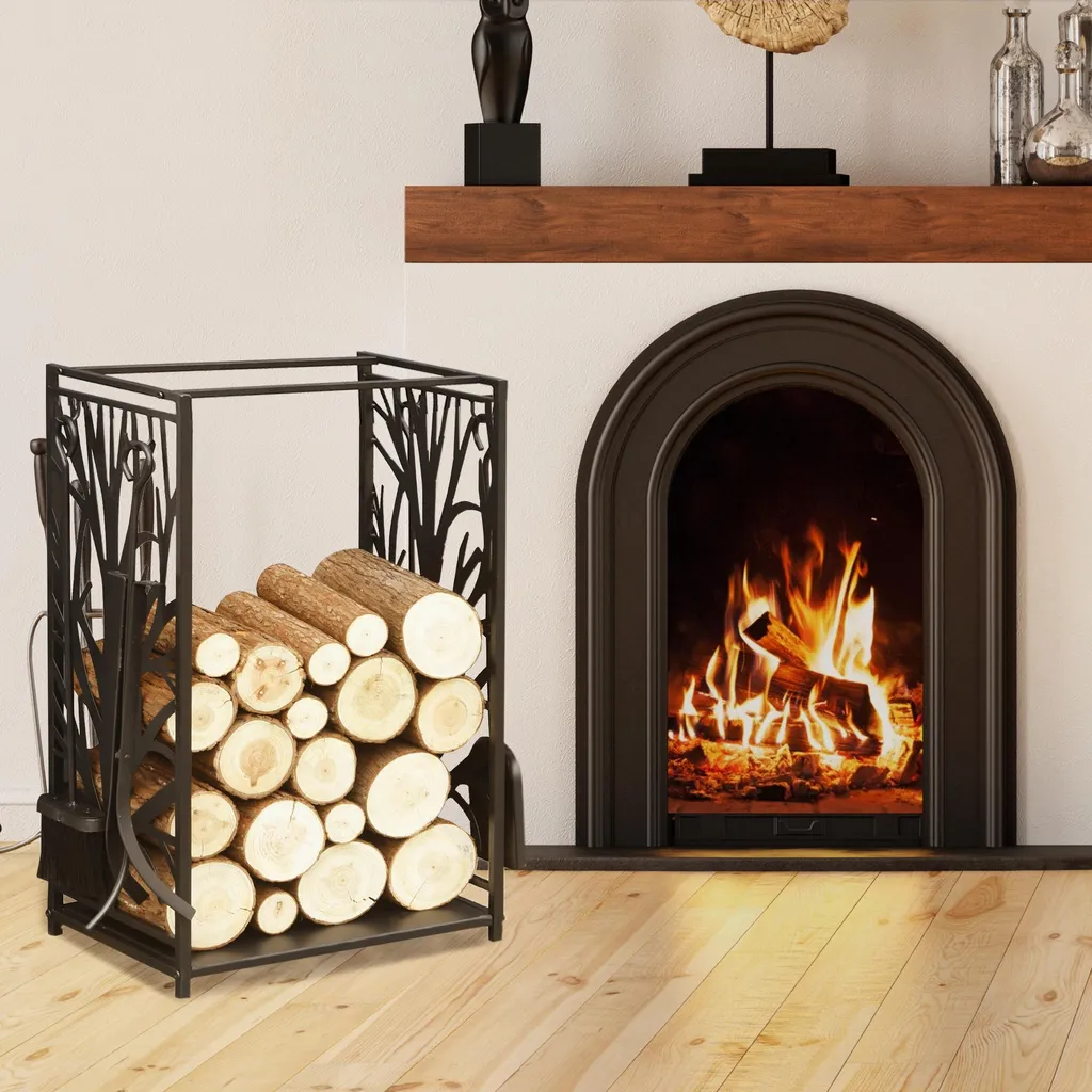 AIORBER Support Bois de Chauffage avec 4 Accessoires en Acier Noir 70cm - 8