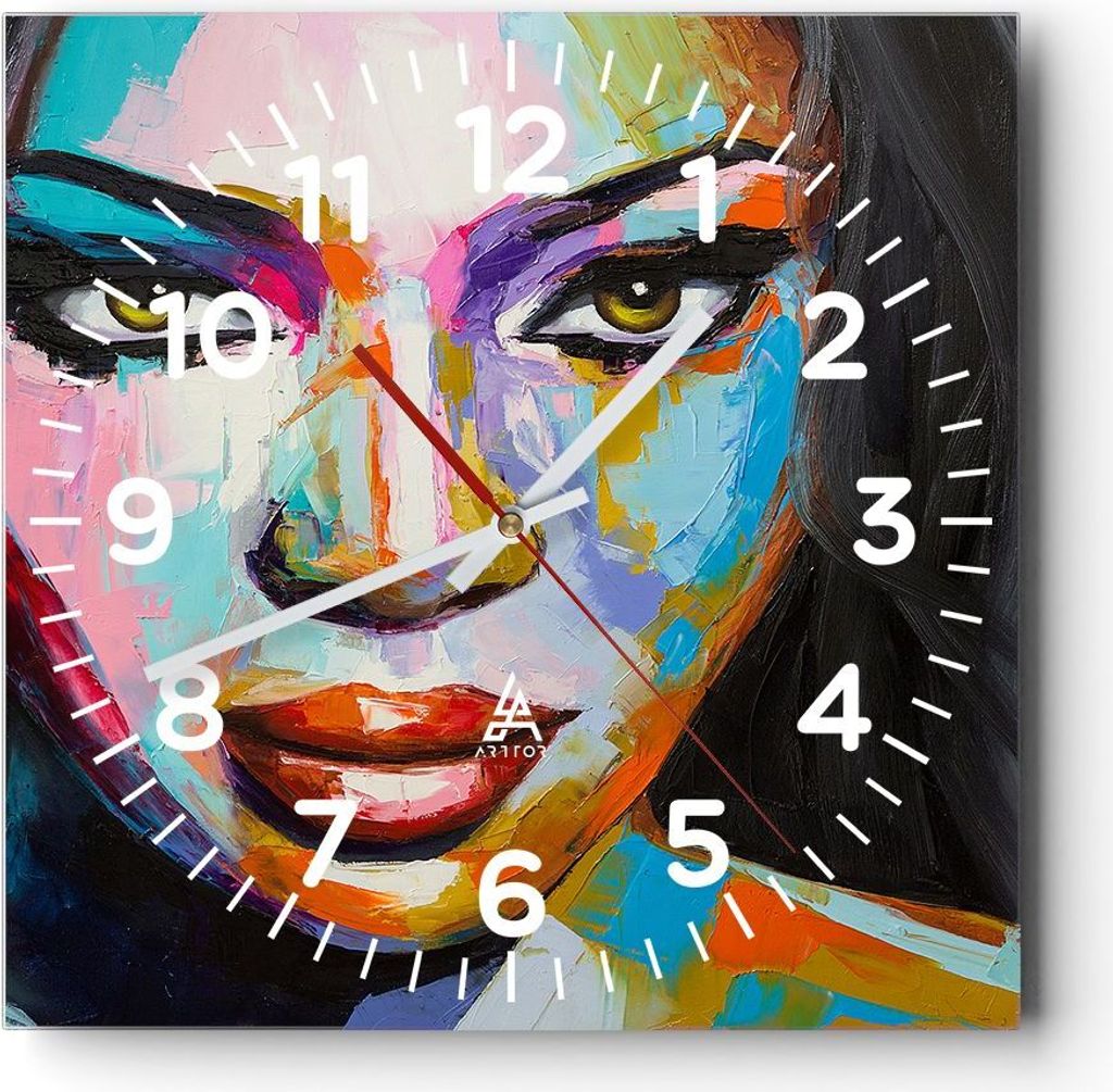 Wanduhr - Quadrat - Glasuhr - Mädchen Gesicht - 40x40cm - Schleichendes Uhrwerk - Lautlos - zum Aufhängen bereit - Dekoration Modern - Wanddekora...