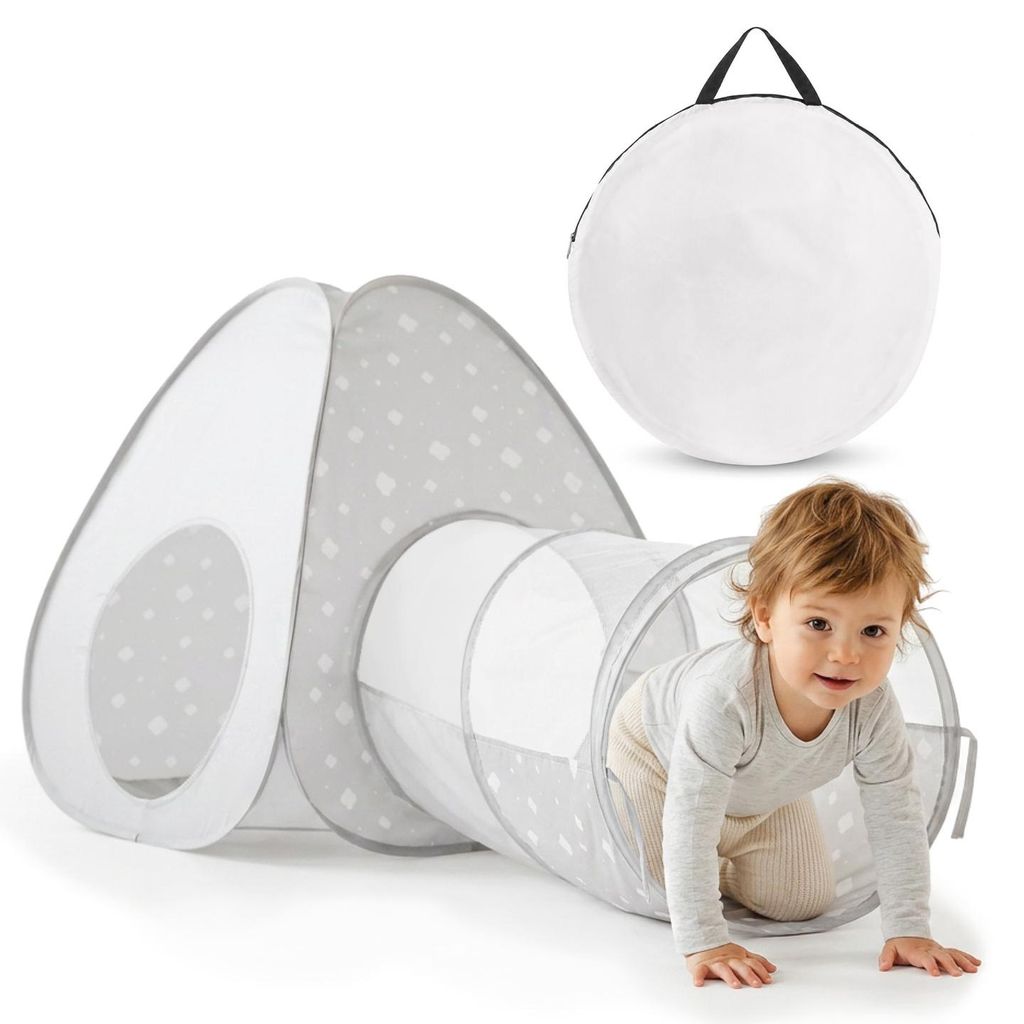 Kinder-Spielzelt mit Tunnel, Pop-up Zelt für Haus und Garten, grau-weiß, faltbar, dreieckig