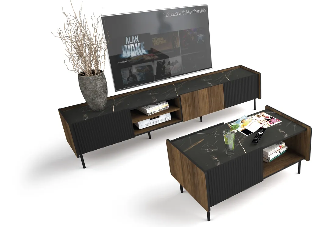 Table Basse Robuste PERETO 11 Noyer et Noir Mat pour Salon Moderne