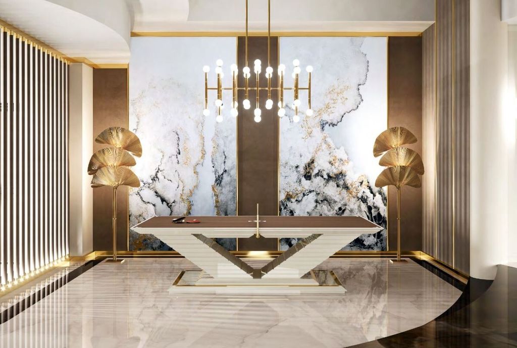Casa Padrino Luxus Designer Indoor Tischtennisplatte Braun / Creme / Gold 274 x 152,5 x H. 76 cm - Hotel Kollektion - Luxus Qualität